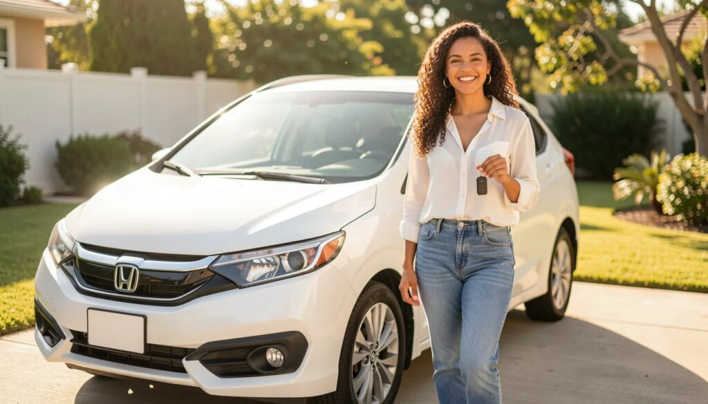 Mulher sorridente ao lado do carro, simbolizando empréstimo com garantia veicular