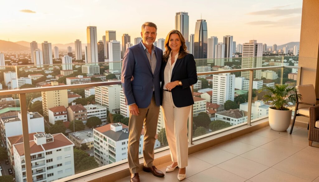 Como comprar um imóvel de alto padrão em São Paulo? Casal em varanda de apartamento de alto padrão em São Paulo ao pôr do sol