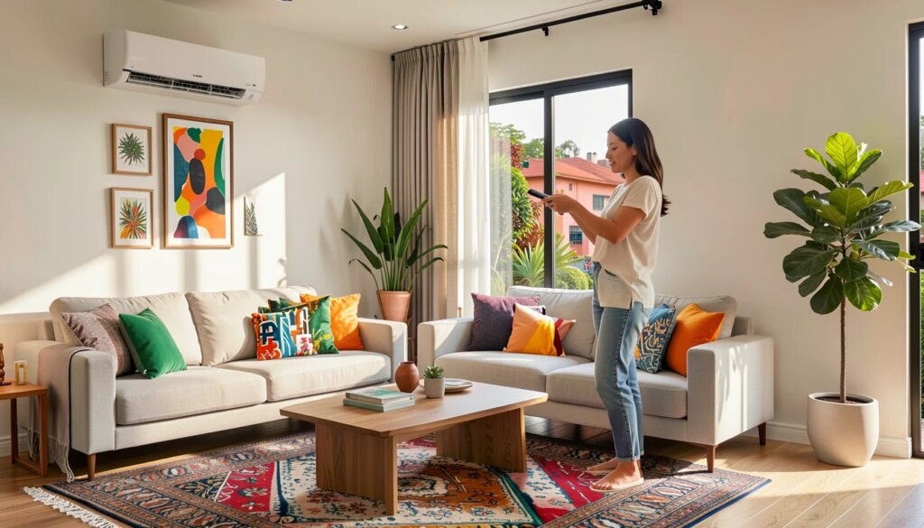 Ar-condicionado para sala: qual potência escolher? Mulher ajustando ar-condicionado em sala de estar moderna e iluminada