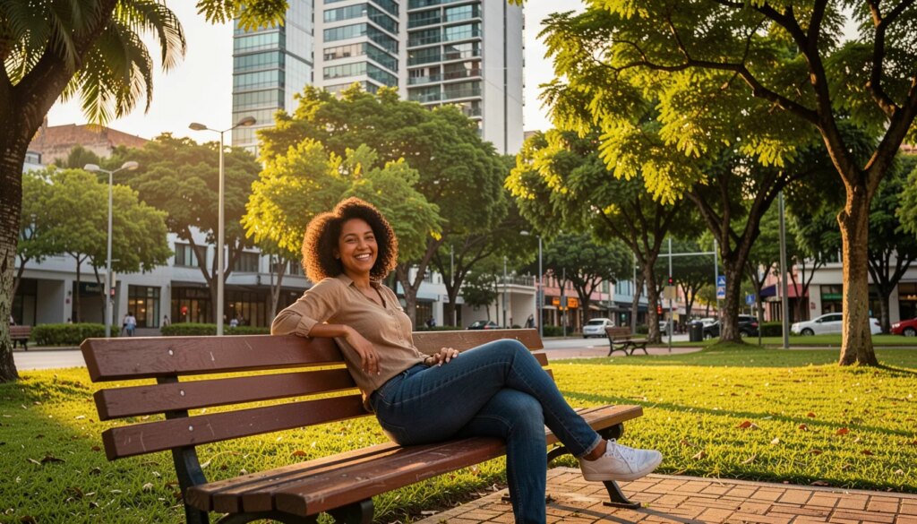 Morar perto da natureza: o estilo de vida próximo às praças do setor oeste Mulher relaxando em praça arborizada do Setor Oeste, Goiânia, com prédios ao fundo.