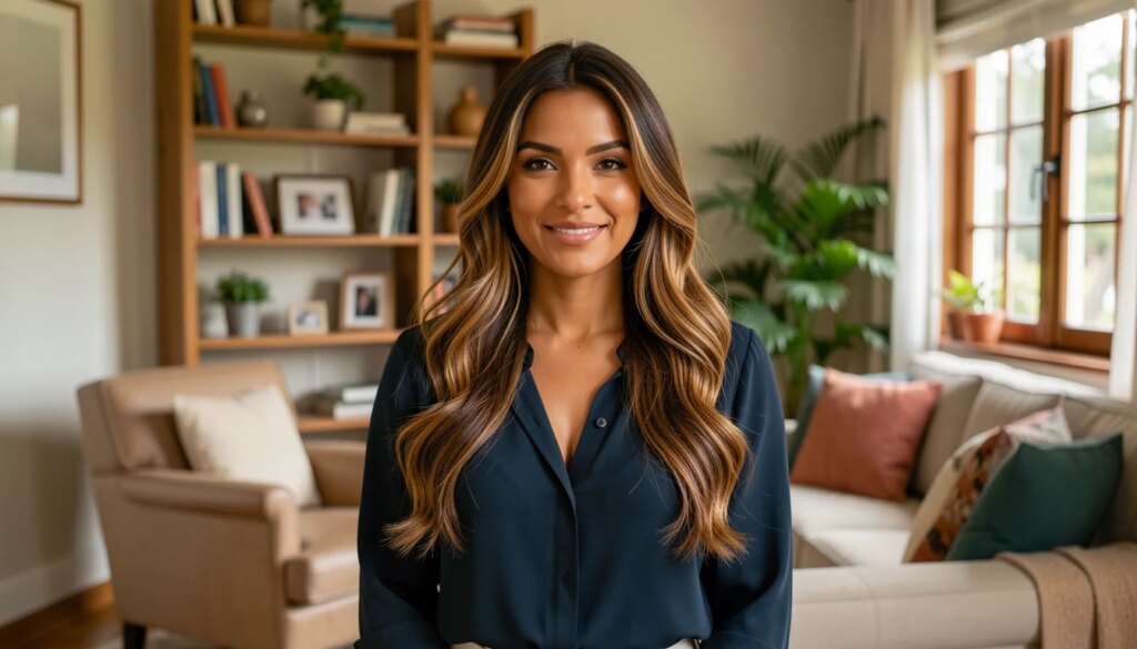 Cabelo longo com luzes: ideias e referências para escolher o seu efeito Mulher de cabelo longo com luzes estilo balayage em ambiente iluminado