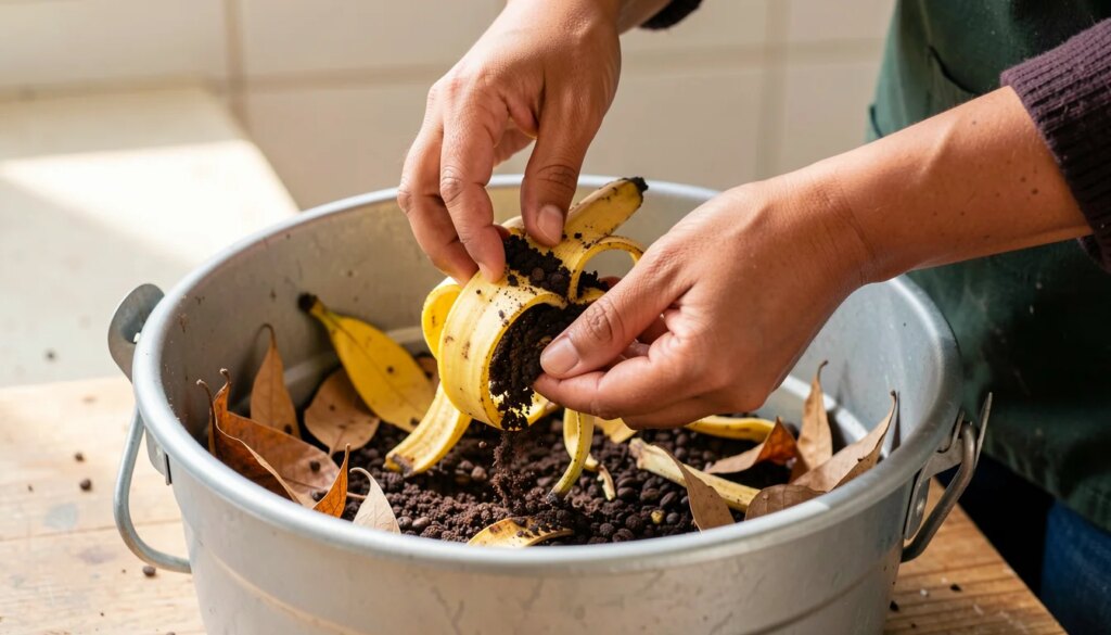 Como fazer adubo em casa: passo a passo simples, tempo de cura e as proporções certas Mãos misturando restos de cozinha e folhas secas em composteira caseira
