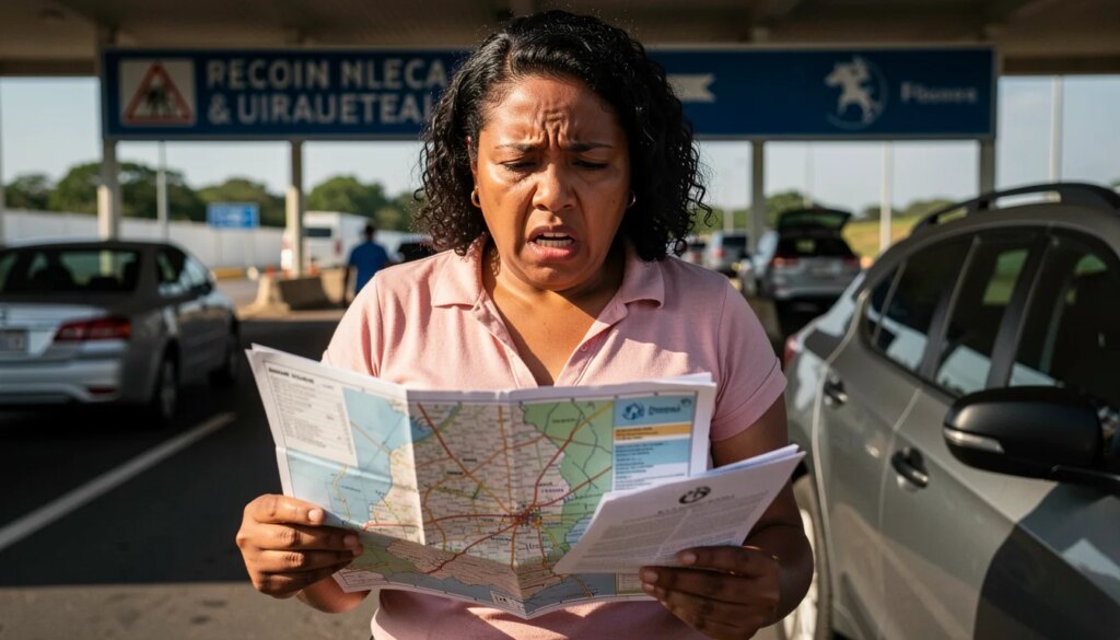 Mulher frustrada com documentos na fronteira durante viagem internacional de carro